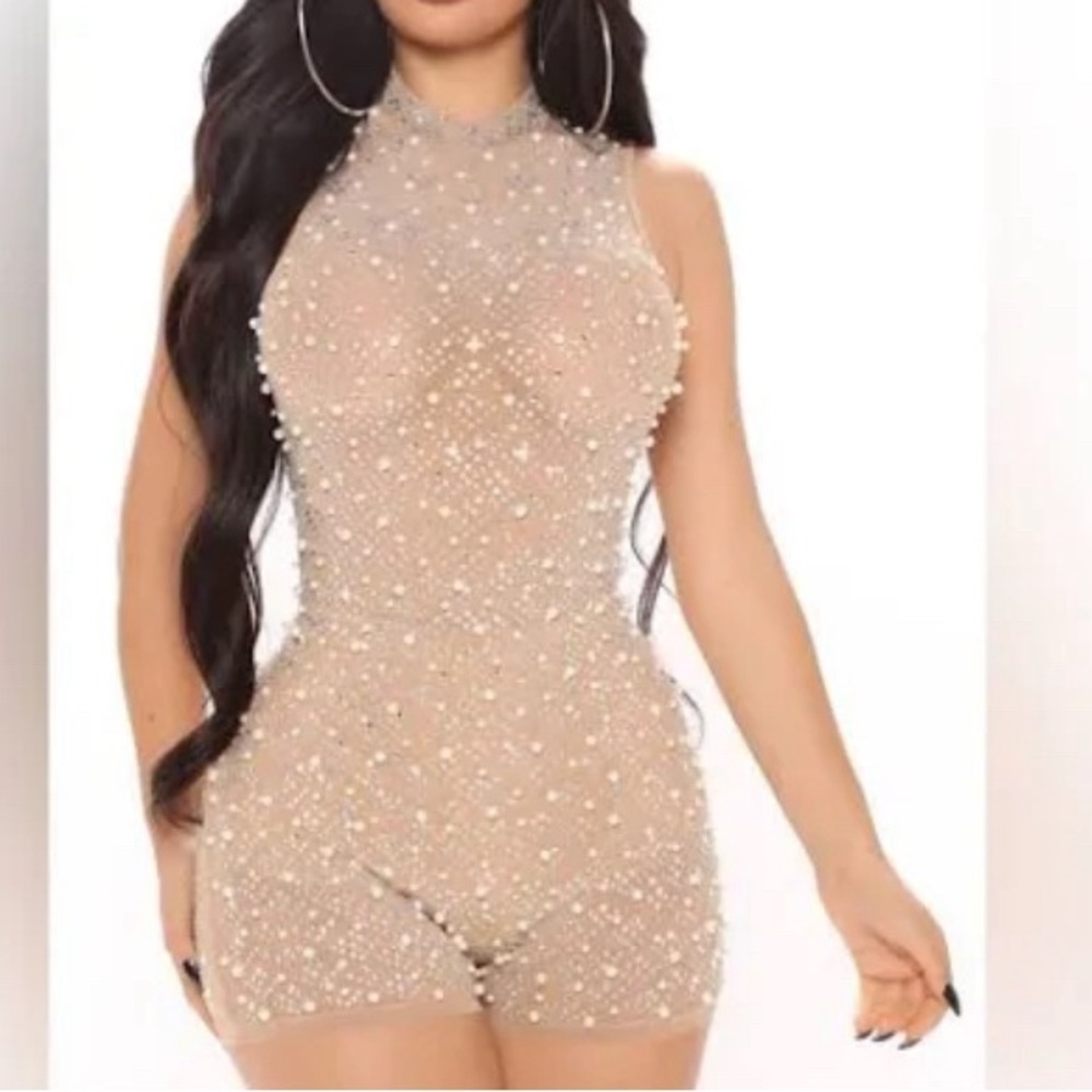 Fashion Nova nude embellished mesh romper